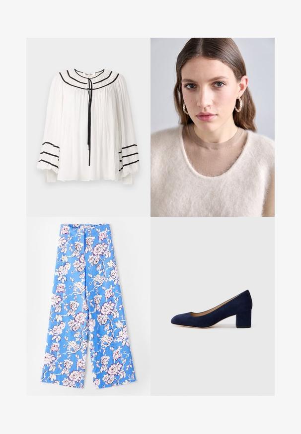Blusa bianca con maniche lunghe, caratterizzata da accenti a strisce nere e una texture plissettata. Collo rotondo con chiusura a fiocco nella parte anteriore.; Pantaloni floreali blu con un motivo di rose pastello. Il tessuto è morbido e ha una vestibilità comoda, gambe larghe e una cintura elastica.; Pump in suede blu Navy con punta affusolata e tacco blocco di media altezza. Texture liscia con una leggera lucentezza e un piccolo taglio sul davanti.; Maglione a maglia beige chiaro con una texture pelosa e scollo ampio, indossato sopra una camicia marrone aderente. Il modello indossa orecchini a cerchio d'argento.
