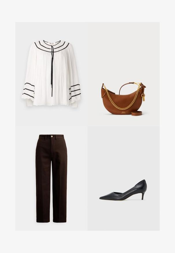 White blouse with long sleeves, featuring black stripe accents and a pleated texture. Rounded neckline with a tie closure at the front.; Dark brown straight-leg pants with button and zipper closure, belt loops, and front pockets against a white background.; Black leather pump with a pointed toe and low heel. Features a smooth texture and subtle sheen. Open cut at the front for added detail.; Brown leather handbag with a curved design, gold chain strap, interior pocket, and a detachable shoulder strap. Features contrasting stitching.