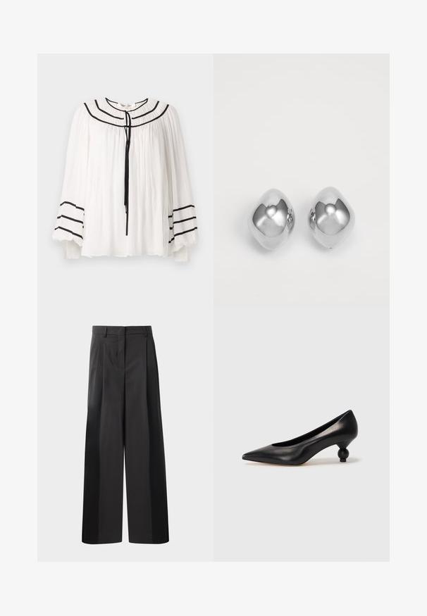 White blouse with long sleeves, featuring black stripe accents and a pleated texture. Rounded neckline with a tie closure at the front.; Black wide-leg trousers with a high waist, featuring front pleats, a smooth texture, and a tailored finish. Designed for a relaxed fit.; Black leather high heel shoe with a pointed toe and a round, balled heel. Smooth texture with a sleek, minimal design.; Silver metal earrings with a smooth, rounded shape, featuring a polished finish and reflective surface. Minimalist design with no embellishments.