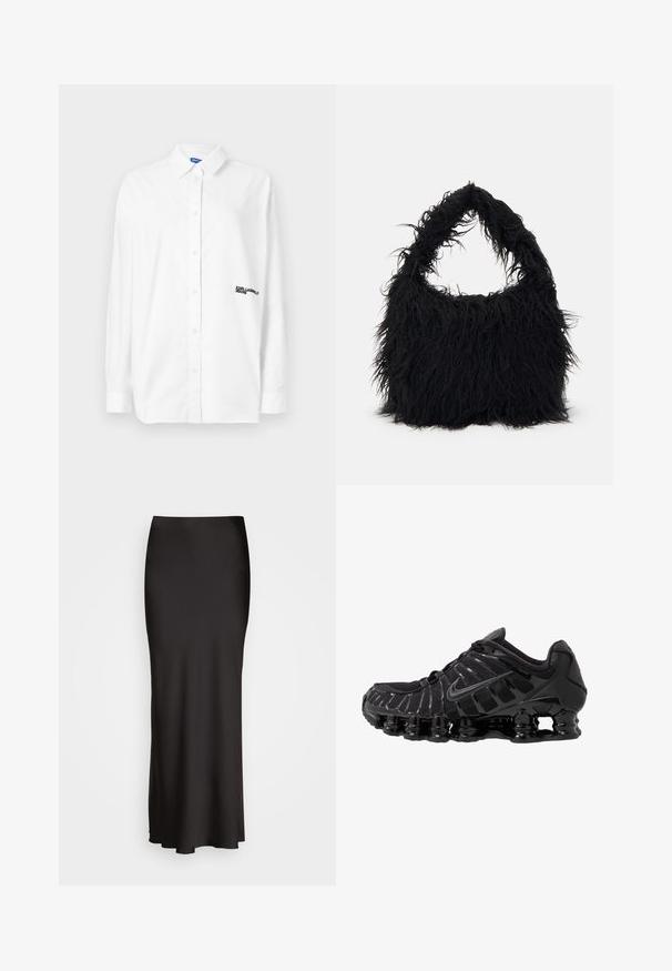 Hvit skjorte med lange ermer, laget av bomull, med klassisk krage og brodert merkevare-logo på venstre bryst.; Svart, gulvlange satengsweater med en glatt tekstur, tilpasset livlinje og A-formet silhuett, uten synlige dekorasjoner eller mønstre.; Sorte joggesko med mesh-overdel og glansfulle detaljer. Har buet fjæringssystem og teksturerte linjer på siden. Nike-logoen er synlig.; Even&Odd Shoppingveske - black