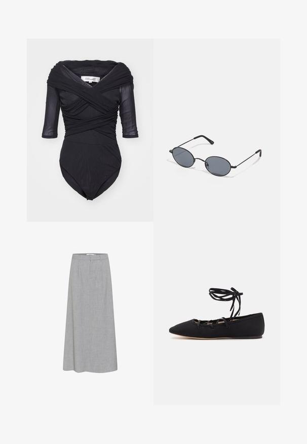 Diane von Furstenberg ALEX - Bluse - black; Grå knælang nederdel med en glat tekstur og subtil melange mønster. Har en flad front med plisseringer og en skræddersyet talje.; Loeffler Randall LOUISA LACE UP BALLET FLAT - Ballerinasko m/ rem - black; Sorte ovale solbriller med mørke linser og tynde metalrammer. Har slanke arme med en subtil kurve i enderne.; Fire sølv ringe med forskellige designs: snoet band, lagdelte kurver, delikate krystaller og et glat band med små detaljer.