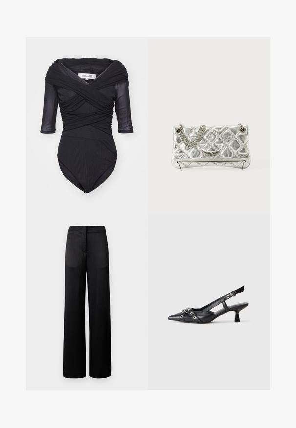 Diane von Furstenberg ALEX - Blouse - black; Pantalons noirs à jambes larges avec une surface texturée, dotés d'une taille plate et de deux poches latérales. Le tissu semble léger et fluide.; Chaussure slingback en cuir noir avec un bout pointu, des sangles décoratives avec œillets en métal et un petit talon carré. Surface texturée.; Sac à main en métal argenté avec une poignée en chaîne, texture matelassée, couture décorative et fermeture éclair. Présente des accents embossés sur le devant.