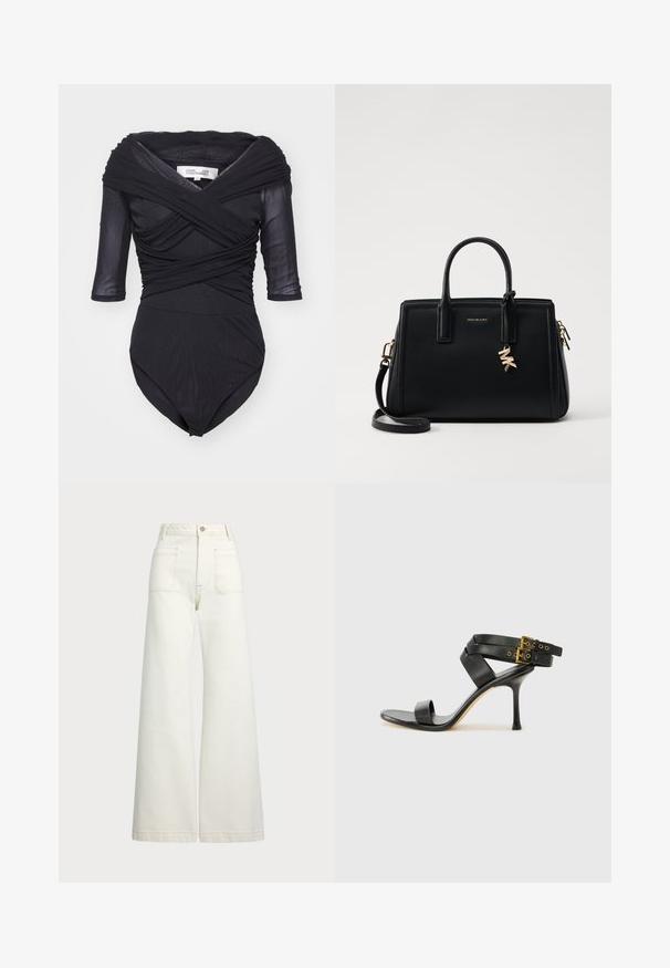 Diane von Furstenberg ALEX - Blusa - black; Jeans de pierna ancha en denim color blanco roto. Diseño de cintura alta con cierre de botón, dos bolsillos frontales y detalles de costura en contraste.; Sandalia negra de tacón con correas cruzadas y hebilla ajustable. Presenta una textura suave y un tacón de aguja afilado.; Bolso de piel negra con diseño estructurado, doble asa superior, correa de hombro desmontable, herrajes dorados y un charm de logo como acento.