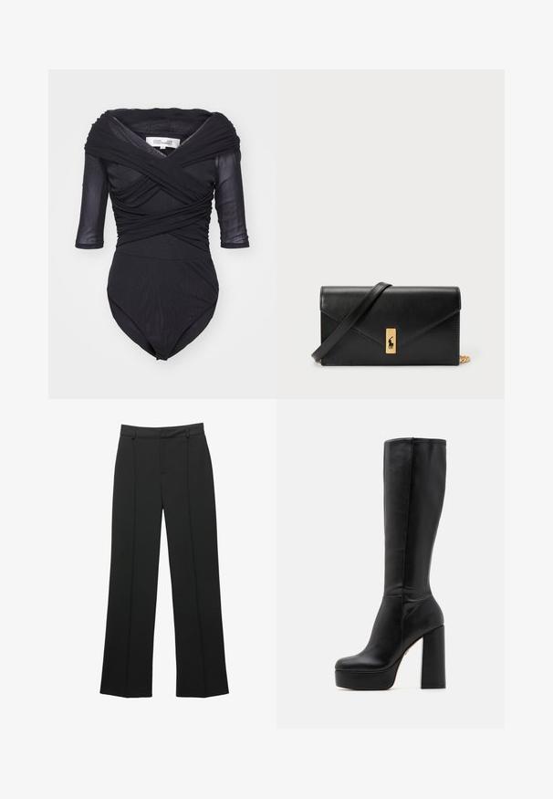 Diane von Furstenberg ALEX - Camicetta - black; Pantaloni neri a vita alta, di taglio ampio, con passanti per cintura e dettaglio della cucitura frontale, presentati su uno sfondo bianco.; Stivali neri al ginocchio realizzati in pelle liscia con finitura testurizzata, con un alto tacco quadrato e una punta rotonda.; Portafoglio in pelle nera con pattina a pieghe, accessori dorati, con un logo decorativo. Include una tracolla staccabile per il trasporto.