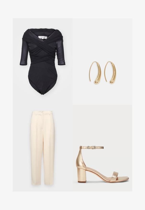Diane von Furstenberg ALEX - Bluse - black; Beige skreddersydde bukser med rett passform, med folder foran, en glatt tekstur og midjehøyde. Ingen synlige lommer.; Lauren Ralph Lauren LOGAN METALLIC NAPPA LEATHER SANDAL - Sandaler - platinum; Gullfargede metalløredobber med en buet, forlenget form. Har en jevn, blank overflate og en avrundet tupp for ekstra detaljer.