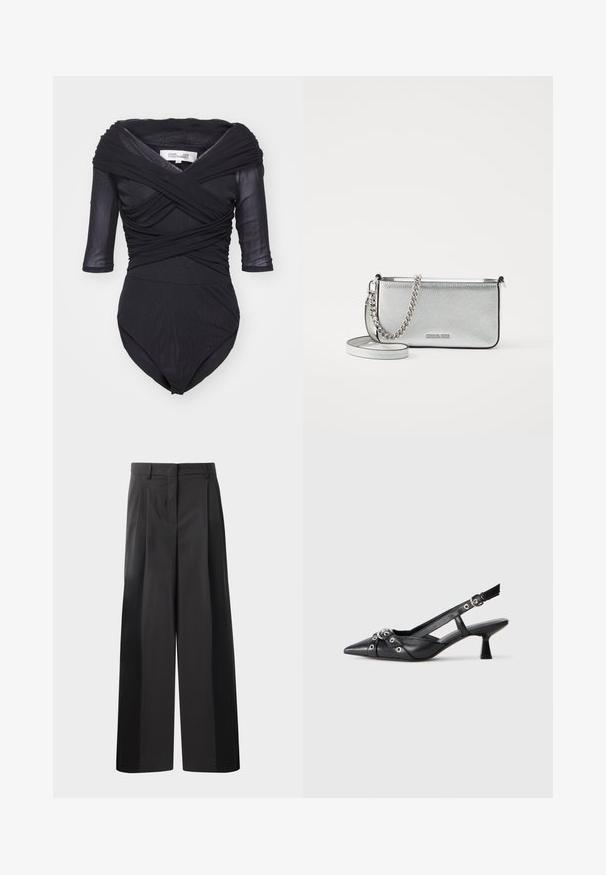 Diane von Furstenberg ALEX - Blůza - black; Černé kalhoty širokého střihu s vysokým pasem, které mají přední sklady, hladký povrch a upravený vzhled. Navrženy pro volný střih.; Černé kožené slingback boty s špičatou špičkou, dekorativními pásky s kovovými očky a nízkým blokovým podpatkem. Texturovaný povrch.; Stříbrná kožená kabelka přes rameno s texturovaným povrchem, akcenty z řetízku a popruhu a uzavíráním na zip. Na přední straně má logo.