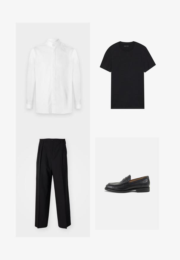 Camicia bianca a maniche lunghe in cotone liscio, con colletto alla coreana, chiusura frontale con bottoni e polsini abbottonati. Tessuto piatto, senza motivi.; T-shirt nera in cotone con maniche corte e scollatura rotonda. Il tessuto ha una consistenza liscia e un design semplice, tinta unita.; Pantaloni neri a pieghe con un design dritto e gamba larga. Realizzati in tessuto morbido, con chiusura a bottone e passanti per cintura.; Mocassini in pelle nera con finitura liscia, punta arrotondata e cuciture decorative sulla tomaia. Tacco basso impilato e leggero lucido.