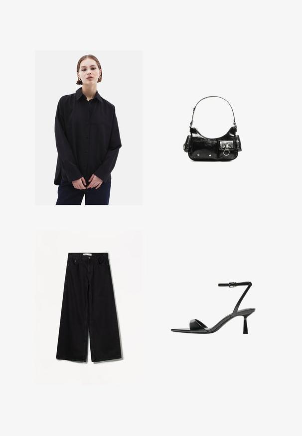 Sort skjorte med knapper og krave, lange ærmer og en afslappet pasform. Fremstillet af glat materiale, med en diskret glans og uden mønstre.; Bershka WIDE-LEG - Wide leg - black; Bershka Højhælede sandaletter / Højhælede sandaler - black; Sort patenteret læder håndtaske med en buet form, en skulderrem, frontlommer og hardware accenter i sølvfarve.