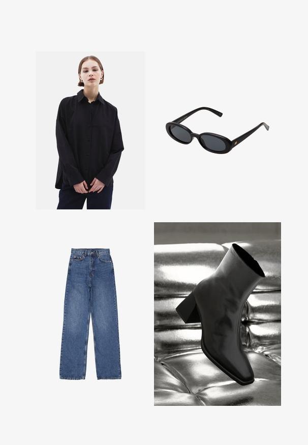 Czarna koszula z guzikami, z kołnierzykiem, długimi rękawami i luźnym krojem. Wykonana z gładkiego materiału, o subtelnym połysku i bez wzorów.; Dżinsy z wysokim stanem i szerokimi nogawkami, w klasycznym niebieskim odcieniu, z widocznym przeszyciem i metalowymi elementami na przedniej kieszeni.; Czarne botki za kostkę wykonane z błyszczącego materiału, z kwadratowym noskiem i zwężającym się obcasem, na tle błyszczącego srebrnego tapicerowanego tła.; Czarne, oversize okulary przeciwsłoneczne z owalnymi soczewkami, gładkim plastikowym mostkiem i złotymi akcentami na zausznikach. Ciemne soczewki zapewniają ochronę przed słońcem.