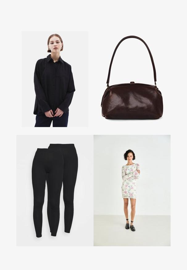 Czarna koszula z guzikami, z kołnierzykiem, długimi rękawami i luźnym krojem. Wykonana z gładkiego materiału, o subtelnym połysku i bez wzorów.; Czarne legginsy z elastycznym paskiem, wykonane z gładkiego, elastycznego materiału. Posiadają dopasowany krój zwężający się przy kostkach.; Krótkie sukienka z koronkowym wzorem w kwiaty, z długimi rękawami, w różowe i niebieskie wzory na kremowym tle. Czarne mokasyny z ćwiekami i paskami na kostce.; BALAGAN HUG - Torebka