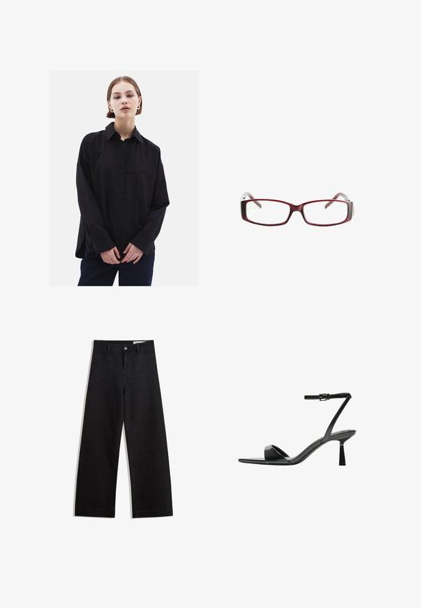 Zwarte overhemdd met kraag, lange mouwen en een relaxte pasvorm. Gemaakt van gladde stof, met een subtiele glans en zonder patronen.; Zwarte denim broek met wijde pijpen en een hoge taille, voorzien van voor- en achterzakken, gestikte naden en een knoopsluiting. Gladde textuur.; Bershka Sandalen met hoge hak - black; Rode rechthoekige bril met een slank ontwerp. Heldere lenzen, lichtdoorlatende slaapjes en een verloop van rood naar grijs.
