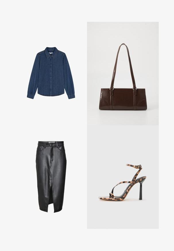 Scalpers Button-down blouse - indigo; Black leather skirt with a mid-length design, featuring a front slit, classic belt loops, and stitched detailing along the seams.; Strappy high-heeled sandals with a square toe, featuring a leopard print pattern in shades of brown and black on a glossy finish.; Brown patent leather handbag with a rectangular shape, two long handles, and subtle curved accents on the front.