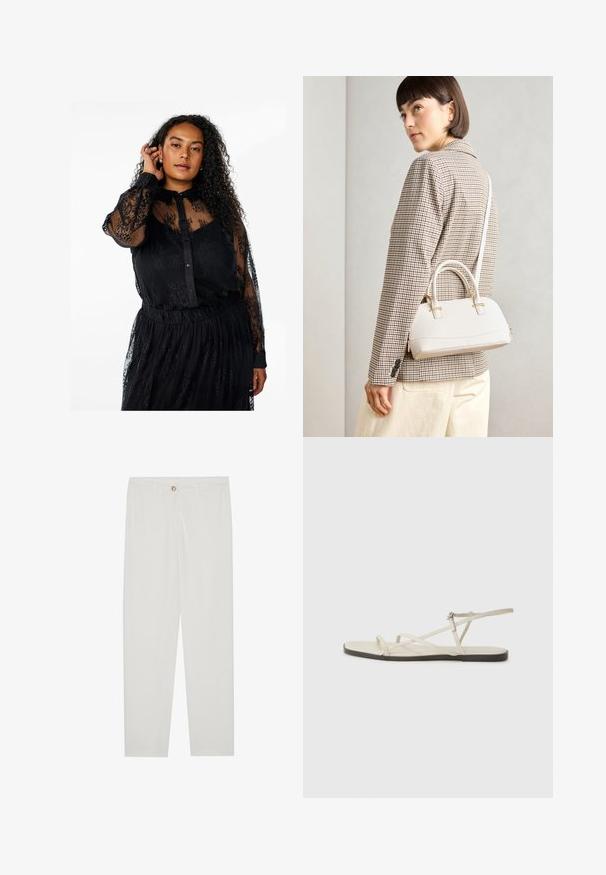 Mustahi lace blouse kum nahtava dài, a bahar aṁka, a taraḷ hõstī hīke vāyā cara. Pada stilla hāin hāṭhā advancing sīṃgāra.; Valkoiset, muotoon ommellut housut, joissa on suora lahjerakenne, napillinen sulkeminen, vyölenkit ja sivutaskut; sileä kangas.; Beige litte sandaalit, joissa on useita hoikkia hihnoja ja säädettävä solki. Pohja on litteä, ja reunassa on kevyt tumma kontrasti.; Valkoinen rakenteellinen käsilaukku, jossa on lyhyet kahvat ja olkahihna, varustettu kultaisilla metalliosilla ja tekstuurilla, esillä harmaata taustaa vasten.