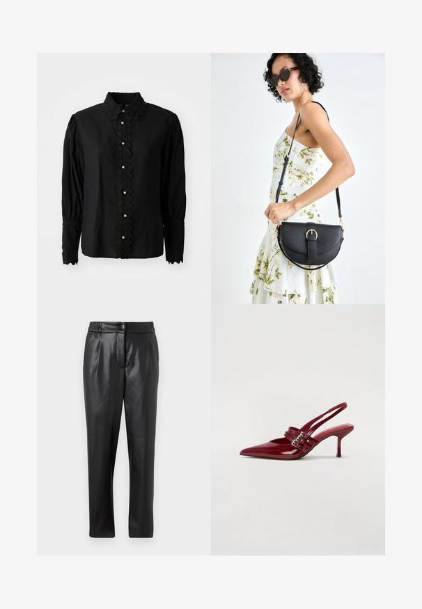 Blusa preta de manga longa com gola recortada e pala de botões com detalhes em pérolas. Feita de tecido leve com um acabamento texturizado.; Calças de couro pretas com uma textura suave, corte reto, cintura elástica e fecho com botão na frente; detalhe plissado e pernas afuniladas.; Sapatos de salto slingback em verniz vermelho, com bico fino, duas tiras com fivela e um salto stiletto fino de altura média. Textura suave.; Bolsa de couro preta com forma curva, alça destacável e detalhes em dourado. A bolsa possui uma aba com detalhe de fivela.