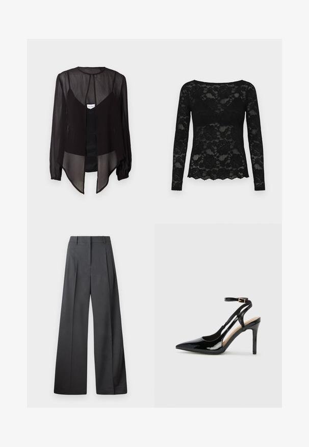 Juoda permatoma bliuska su ilgomis rankovėmis, aukštu kaklu ir asimetrišku apvadu. Yra priekiniai mygtukų užsegimai ir sluoksnių dizaino elementai.; Juodas nėrinių ilgomis rankovėmis viršus su gėlių raštu, apvaliu iškirpimu ir banguotu kraštu. Sklaidžios tekstūros poveikis suteikia elegantišką išvaizdą.; Tamsiai pilkos plačios kojos kelnės, turinčios aukštą liemenį, vieną raukšlę ir sklandžią tekstūrą su tvarkingais kraštais.; Juodas patentuotas odinis aukštakulnis batelis su siauru pirštu, reguliuojama kulkšnies juosta ir atvirais šonais. Lygi tekstūra.
