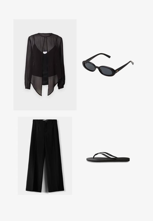Sort gennemsigtig bluse med lange ærmer, høj hals og en asymmetrisk kant. Har en frontknaplukning og lagdelte designelementer.; Sorte brede bukser lavet af letvægtsstof, med frontknaplukning og glat front, samt pænt syede kanter.; Sorte flip-flop med en tekstureret gummisål, to slanke stropper og et subtilt, præget logodetalje på stroppen.; Store store