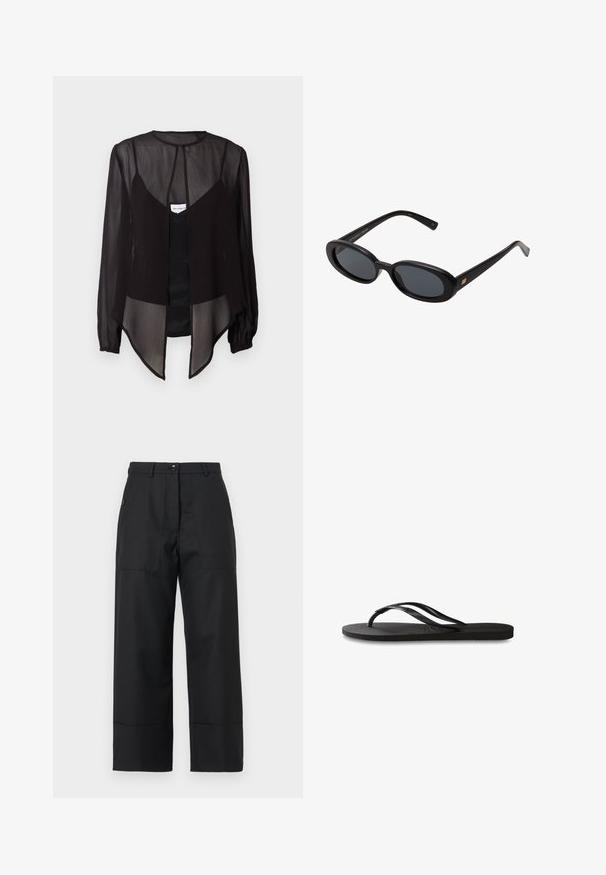 Sort gennemsigtig bluse med lange ærmer, høj hals og en asymmetrisk kant. Har en frontknaplukning og lagdelte designelementer.; Sorte wide-leg bukser lavet af glat stof. Har en knaplukning, forlommer og ren linjer. Kanten er let udstyret.; Sorte flip-flop med en tekstureret gummisål, to slanke stropper og et subtilt, præget logodetalje på stroppen.; Store store