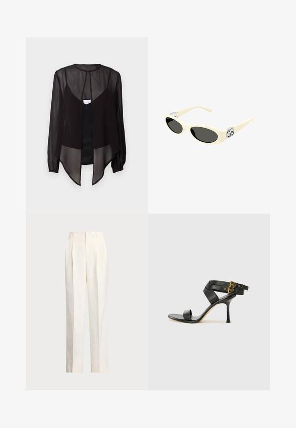 Mustmust läikiv pluus pikkade varrukatega, kõrge kaelusega ja asümmeetrilise hemiga. Omab esipoolset nööpide sulgemist ja kihilisi disainielemente.; Polo Ralph Lauren HEMP WIDE LEG PANT - Püksid - nevis; Mustad mustand koos ristatud rihmade ja reguleeritava pandlaga. Omab siledat tekstuuri ja kitsenevat stiletto kontsa.; Kreemivärvi prillid ovaalsete läätsede, musta tooniga ja metallist logo detailidega templites. Sile tekstuur, kiisasilma disain.