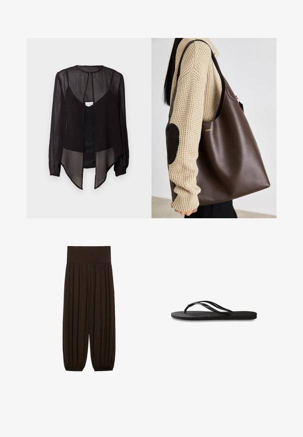 Sort gennemsigtig bluse med lange ærmer, høj hals og en asymmetrisk kant. Har en frontknaplukning og lagdelte designelementer.; Brune plisserede bukser med en bred, elastisk talje. Stoffet er let og tekstureret med indsamlede sømme ved benens afslutninger.; Sorte flip-flop med en tekstureret gummisål, to slanke stropper og et subtilt, præget logodetalje på stroppen.; Brun læder tote taske med et rummeligt design. Har en glat tekstur og et diskret guldlogo. Parret med en cremefarvet strikket trøje.