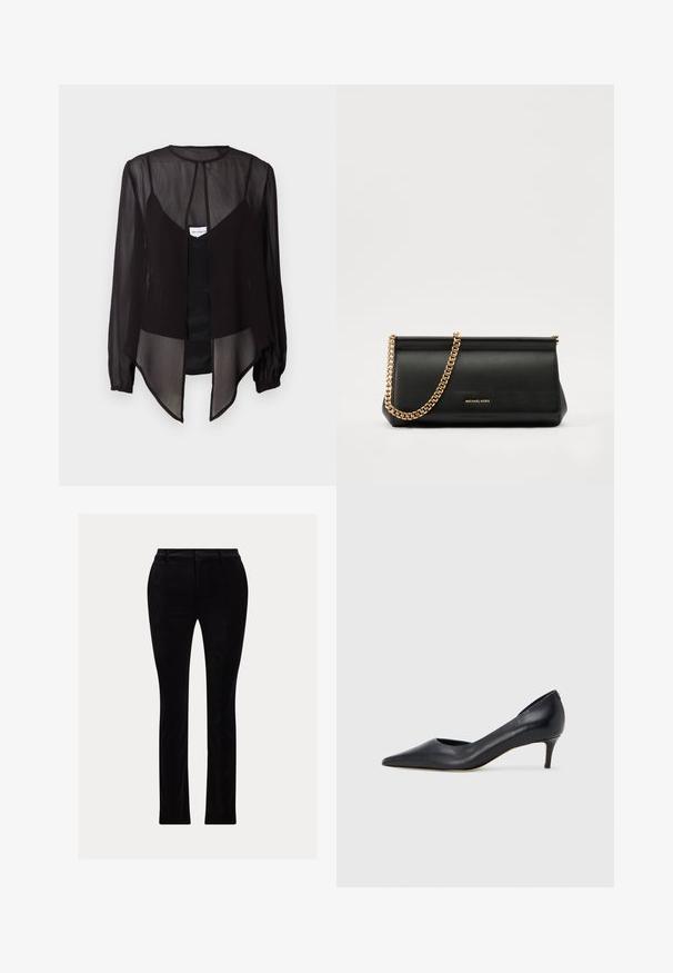 Crna prozirna bluzica s dugim rukavima, visokim ovratnikom i asimetričnom donjom ivicom. Ima prednje zatvaranje na dugmad i složene dizajnerske elemente.; Crne hlače izrađene od glatkog, baršunastog materijala. Prilagođeni kroj s ravnim nogavicama, s klasičnim pojasom i petljama za remen.; Crna kožna cipela s vrhom u špic i niskom petom. Ima glatku teksturu i suptilan sjaj. Prednji dio je otvoren za dodatni detalj.; Crna kožna torbica sa zlatnim lančićem, koja se odlikuje glatkom teksturom, pravokutnim oblikom i utisnutim brendom na prednjoj strani.