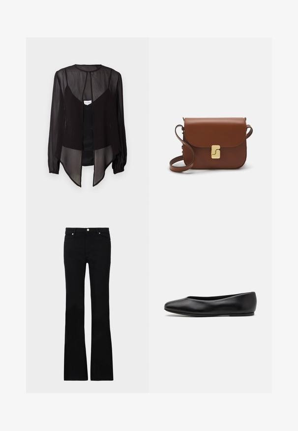 Crna prozirna bluzica s dugim rukavima, visokim ovratnikom i asimetričnom donjom ivicom. Ima prednje zatvaranje na dugmad i složene dizajnerske elemente.; Crne široke traperice izrađene od denima, s dva prednja džepa, kopčanjem na dugme i glatkom teksturom. Potpisna šavova vidljiva na šavovima.; Paul Smith TOPANGA - Balerinke - black; Smeđa kožna torba s preklopom, zlatnim detaljima, remenom za nošenje preko ramena i glatkom teksturom. Kompaktni pravokutni oblik.