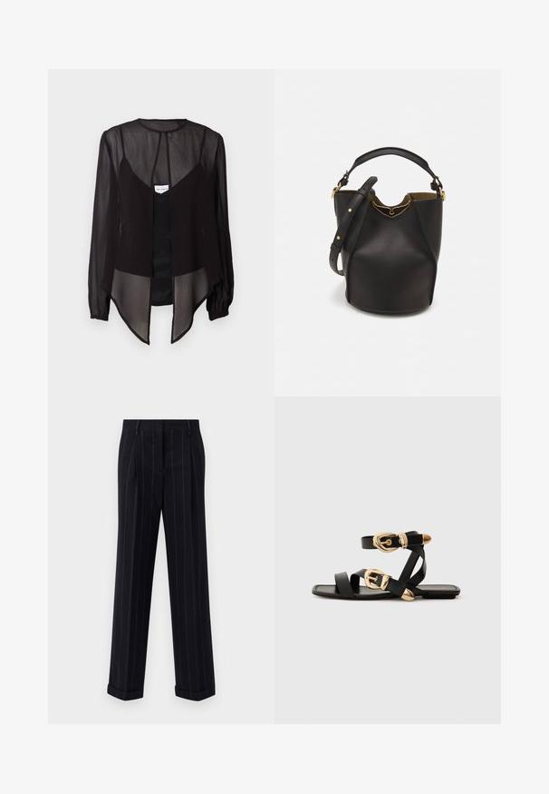 Melnā caurspīdīgā blūze ar garām piedurknēm, augstu apkakli un asimetrisku apakšmalu. Iekļauj priekšējo pogu aizdari un slāņotu dizaina elementu.; Melnas pinstrīpu bikses ar pielāgotu piegriezumu, ar apgāztu apakšmalu un priekšējām kroku detaļām. Izgatavotas no gludas auduma ar struktūrētu dizainu.; Melni ādas sandales ar zelta sprādzēm, ar vairākām siksnām un plakanu zoli, piemērotas valkāšanai ar atvērtu purngala.; Melnas ādas spainīša somas ar teksturētu apdari, zelta metāla aksesuāriem un atvērtu augšu. Piedāvā īsu rokturi un regulējamu plecu siksnu.