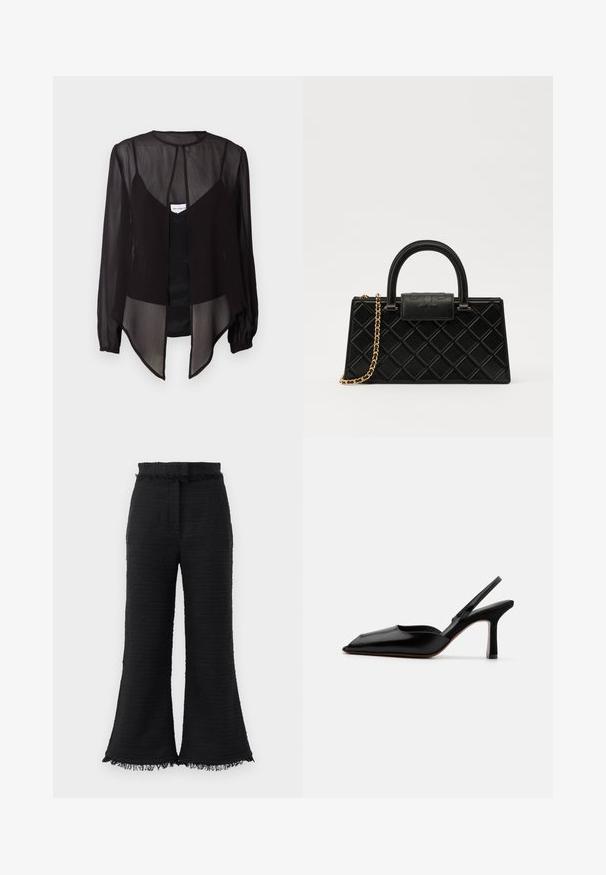 Bluză neagră transparentă cu mâneci lungi, guler înalt și tiv asimetric. Prezintă un închidere cu butoni în față și elemente de design stratificate.; Pantaloni negri cu croi larg, dintr-un material texturat, cu tiv desfăcut și talie elastică. Designul are o finisare netedă și o croială lejeră.; Sandale din piele neagră cu toc, cu vârf ascuțit, design minimalist, curea subțire la gleznă și toc subțire elegant. Textură netedă.; Geantă de mână neagră din piele texturată, cu un model în diamant, curea din lanț cu ton auriu și un mânere superior cu o închidere cu clapetă embosată cu logo.