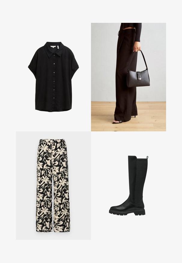 Schwarzes Kurzarmhemd aus leichtem Stoff mit klassischem Kragen, durchgehender Knopfleiste und lockerer Passform. Sanfte Textur, ungemustert.; Schwarzes Kurzarmoberteil aus glattem Material, mit einem Peplum-Design und einem taillierten Bund, der mit zwei runden, silberfarbenen Knöpfen ausgestattet ist.; Schwarze weit geschnittene Hose mit einem cremefarbenen Blumenmuster. Hergestellt aus leichtem Stoff, mit einer glatten Textur und einem hohen Bund.; Schwarze kniehohe Stiefel mit einer glatten Lederfront und einem strukturierten Mesh-Panel auf der Rückseite, mit einer Gummisohle und einem Ziehschlaufenelement für einfaches An- und Ausziehen.; Schwarze Handtasche mit strukturierter Form, glatter Textur und einem metallischen Verschluss. Kombiniert mit weiten schwarzen Hosen und offenen Sandalen auf einem Holzboden.