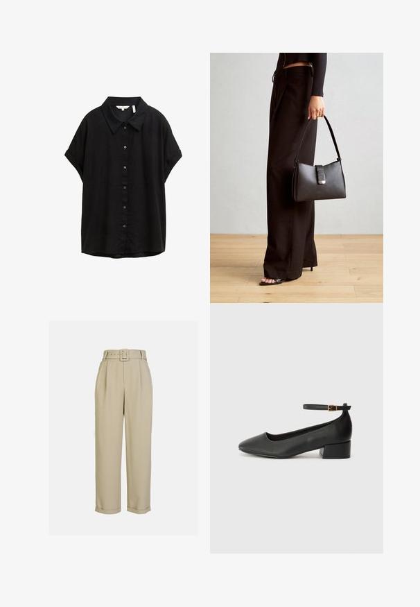 Musthave must pikkade varrukatega särk, mis on valmistatud kergest kangast, klassikalise krae ja nööbivahesusega ning lõdva fitiga. Pehme tekstuur, ilma mustriteta.; Beežid, kõrge vöökohaga püksid laia jala disainiga, millel on voldid, sobiv vöö ristkülikukujulise pandlaga ja mansetid allääres.; Must mustaapp, millel on terav nina ja madal blokk-kand. Omab pahkluu rihma koos kuldse tooni pandlaga. Sile tekstuur.; Must musta kott, millel on struktureeritud kuju, sile tekstuur ja metallist klamber. Kombineeritud laiate mustade pükstega ja avatud varvaste sandaalidega puidust põrandal.