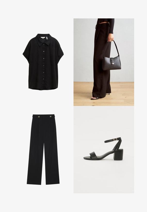 Melnas īsām piedurknēm krekls, izgatavots no viegla auduma, ar klasisku apkakli, pogu priekšpusi un brīvu piegriezumu. Mīksta tekstūra, bez rakstiem.; Melnas platās bikses ar augstu jostasvietu, pogu detaļām uz jostas un priekšējām krokām.; Melnas papēžu sērijas sandales ar gludu ādas virsmojumu, atvērtu pirkstu, platām priekšējām siksnām un regulējamu potītes siksnu ar zelta sprādzi.; Melnā somiņa ar strukturētu formu, gludu tekstūru un metālu sprādzi. Saskaņota ar platām melnām biksēm un sandālēm ar atvērtu purngalu uz koka grīdas.
