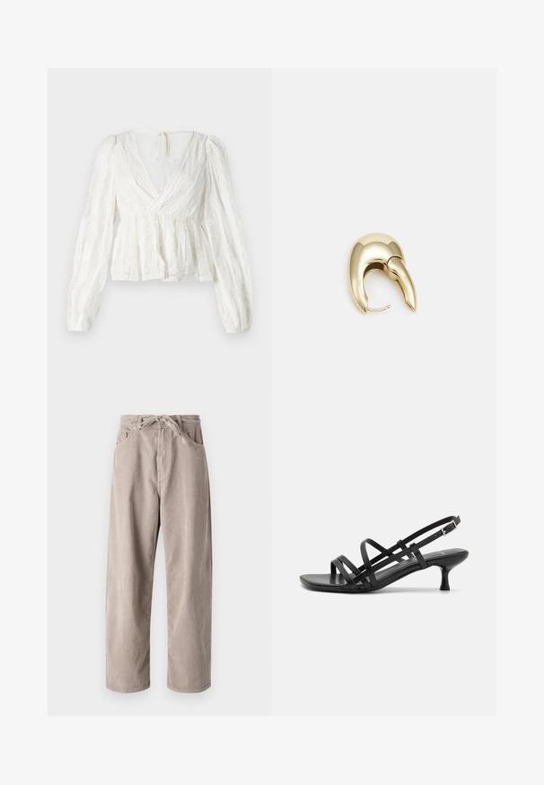 Hvit bluse med dyp V-hals, lange putete ermer, elastisk midje og blomsterbroderidetaljer. Har en knytelukking bak.; Beige kordfløyelsbukser med løs passform, med strikk i livet, to frontlommer og vertikal ribbet tekstur.; Svarte hæl sandaler med flere krysset remmer. Glatt materiale, spiss tå og smal hæl. Justerbar ankelrem med spenne.; Gullfarget metalløredobber med et elegant, buet design. Har en karakteristisk spiss form, polert overflate og hengsel-lukking.