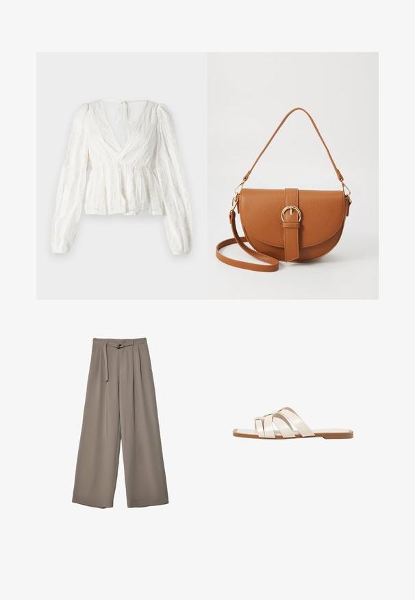 Weiße Bluse mit tiefem V-Ausschnitt, langen Puffärmeln, elastischem Bund und floralen Stickdetails. Besitzt eine Bindeschließe im Rücken.; Weite Hose aus einem weichen, gedämpften grauen Stoff, mit einem taillierten Bund und Falten für zusätzliche Design-Details. Glatte Textur, keine Muster.; Flache Sandalen mit einer honigfarbenen Gummisohle, gestaltet mit drei überlappenden weißen Lederriemen und einem kleinen Schleifendetail in der Mitte.; Braune Leder-Crossbody-Tasche mit geschwungener Form, goldfarbenen Beschlägen und einer Schnallenakzentuierung. Verfügt über einen abnehmbaren Schultergurt.