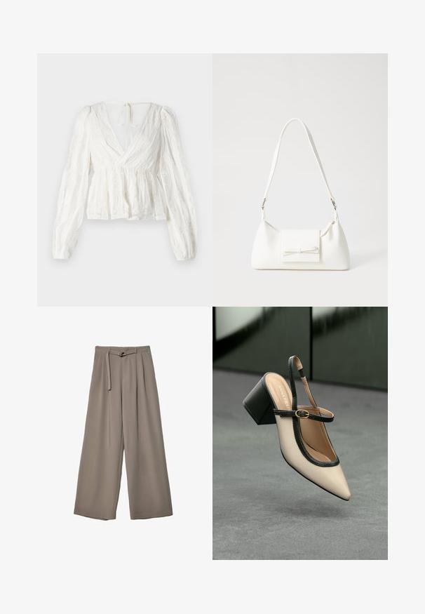 Valkoinen paita, jossa on syvä V-muotoinen kaula-aukko, pitkät puffihihat, joustava vyötärö ja kukkakirjonta yksityiskohtina. Takana on nauhakiinnitys.; Suurille lahkeille housuille pehmeässä, hillityssä harmaassa kankaassa, jossa on vyötäröllä vyö ja lisää muotoilun yksityiskohtia kuploissa. Sileä rakenne, ei kuvioita.; Beige slingback-kengät, joissa on musta reuna, kultahakas, ja paksu lohkoheel, harmaalla lattialla tummanvihreää taustaa vasten.; Valkoinen synteettinen käsilaukku, jossa on kolmikulmainen muoto, tasainen etu läppä ja nauhadetail, säädettävä olkahihna, sileä rakenne ja minimalinen muotoilu.