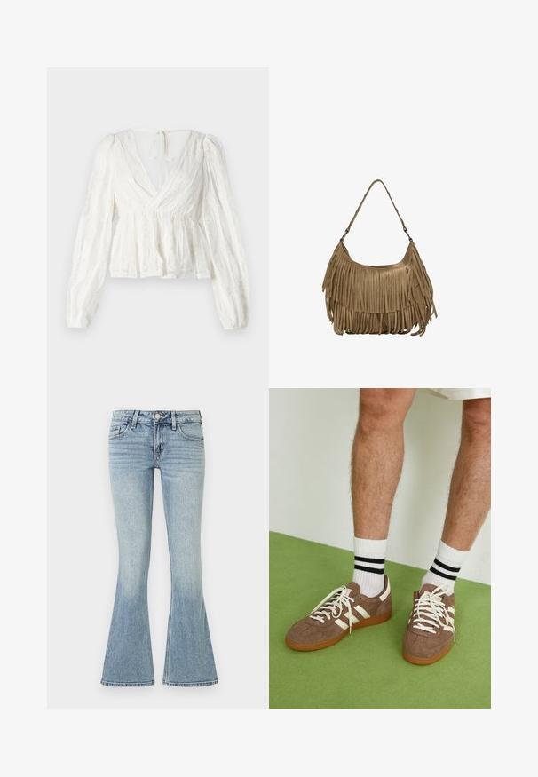 Valkoinen paita, jossa on syvä V-muotoinen kaula-aukko, pitkät puffihihat, joustava vyötärö ja kukkakirjonta yksityiskohtina. Takana on nauhakiinnitys.; Vaaleansiniset levenevät farkut, joissa on denim-kangas, edessä nappisulku, viisi taskua ja hienovarainen haalistuminen lahkeissa.; Ruske nahkate sneakerit valkoisilla korostuksilla ja nauhoilla. Kumi-gumipohja. Yhdistetty valkoisiin sukkiin, joissa on mustia raitoja. Vihreä teksturoitu lattia.; Ruskea mokkanahkainen käsilaukku, jossa on pitkät fringer yksityiskohdat, kaareva muoto ja yksi olkahihna. Pinta on sileä ja teksturoitu.