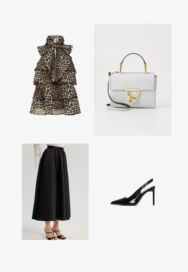 Sukienka bez rękawów w cętki z warstwowymi falbanami i dużą kokardą związaną na wysokim kołnierzu.; Czarna długa spódnica z gładkiego materiału, z marszczonym pasem i swobodnym krojem, w połączeniu z czarnymi sandałami na cienkich obcasach.; Czarne lakierowane skórzane sandały na obcasie z wąskim noskiem i szpilką. Posiadają wycięcia w designie oraz regulowany pasek z metalowymi elementami.; Jasnoszara strukturalna torebka wykonana z skóry o fakturze kamieni. Posiada zapięcie w złotym odcieniu, odpinany pasek na ramię oraz krótki uchwyt u góry.; Kwadratowy metalowy zegarek z bransoletą linkową w kolorze srebrno-złotym. Biały cyferblat z złotymi znacznikami i wskazówkami. Logo na godzinie 12.