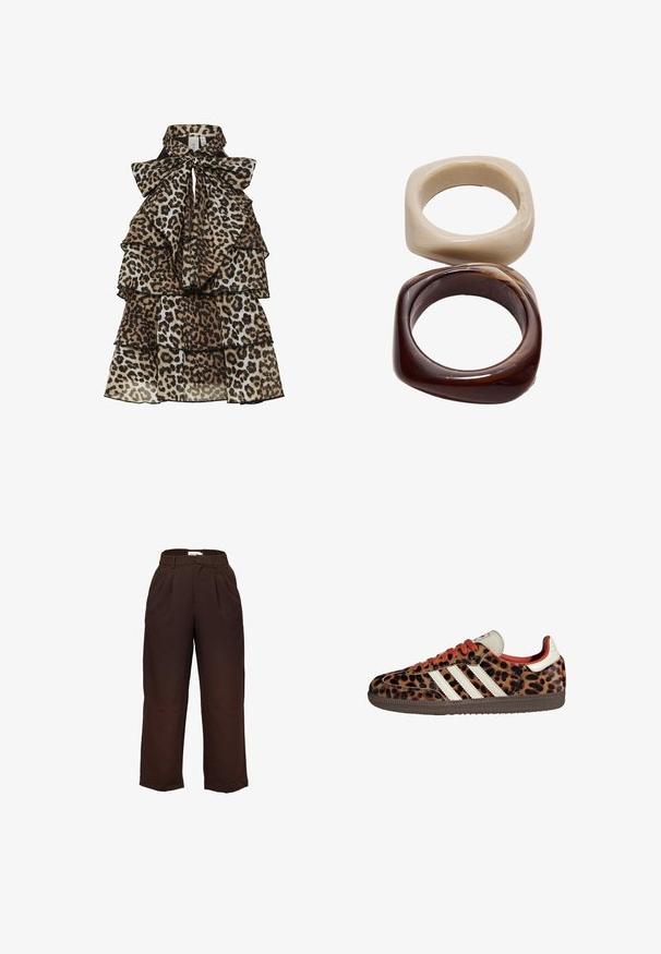 Hame seelivét leopardikuvjoisella kankaalla, kerroksittain rypytetty ja iso nauha sidottuna korkealle kaulukselle.; Korkeavyötäröiset, tummanruskeat leveälahkeiset housut, joissa on vyölenkit ja etuletteet, esiteltynä valkoista taustaa vasten.; Tennarit leopardikuosisesta mikrokuidusta, joissa on punaiset nauhat ja kolme valkoista raitaa sivuilla. Ominaisuuksina kermaisen värinen kieli ja ruskea pohja.; Stradivarius SET - Rannekoru - dark brown