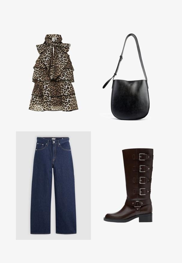 Hame seelivét leopardikuvjoisella kankaalla, kerroksittain rypytetty ja iso nauha sidottuna korkealle kaulukselle.; Tummansiniset leveät farkut korkealla vyötäröllä, joissa on viisi taskua, vyölenkit ja kuparinväriset ompelukoneet. Sileä pinta.; Tummanruskeat nahkasaappaat, jotka ulottuvat polveen, pyöreällä kärjellä, neljällä säädettävällä soljella ja lohkarepohjalla, joissa on sileitä ja teksturoituja pintoja.; Musta nahka käsilaukku, jossa on sileä pinta, kaareva muoto, säädettävä hihna ja hillitty kohokuvioitu logo edessä.