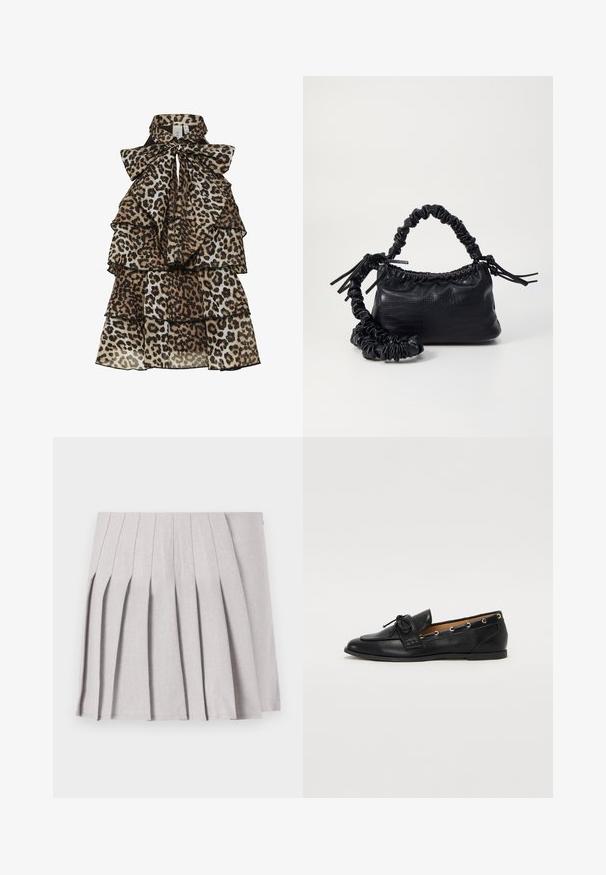 Sleeveless leopard print dress with tiered ruffles and large bow tied at high collar.; Gray pleated skirt with a smooth texture, featuring multiple vertical folds and a fitted waistline. Made from lightweight fabric.; Black leather loafers with a tied bow, featuring gold eyelet accents along the sides and a flat rubber sole. Smooth texture, classic design.; Black faux leather handbag with a crocodile texture, cinched top, and a scrunched strap. Appears soft and compact in design.