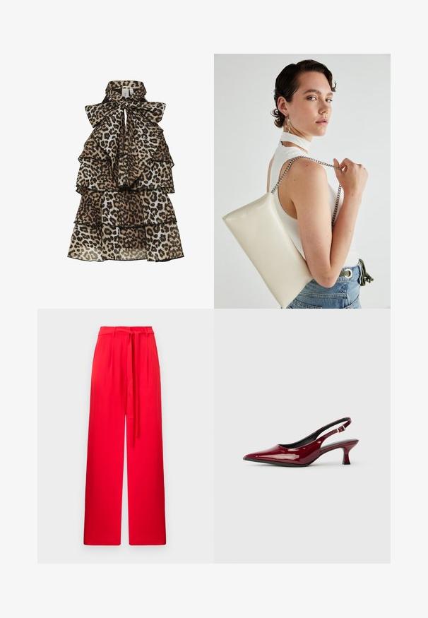 Vestido sin mangas de estampado de leopardo con volantes en capas y un gran lazo atado en el cuello alto.; Pantalones rojos de pierna ancha con un acabado texturizado y una cintura ajustada. Presenta un cinturón a juego atado en la parte delantera para un ajuste regulable.; Zapatos de tacón slingback de charol burdeos con puntera afilada y elegante tacón de aguja. Diseño de espalda abierta con detalle de tira ajustable en el tobillo.; Bolso de mano rectangular blanco, hecho de un material brillante, con una cadena plateada. La modelo posa, mostrando el bolso frente a un fondo liso.