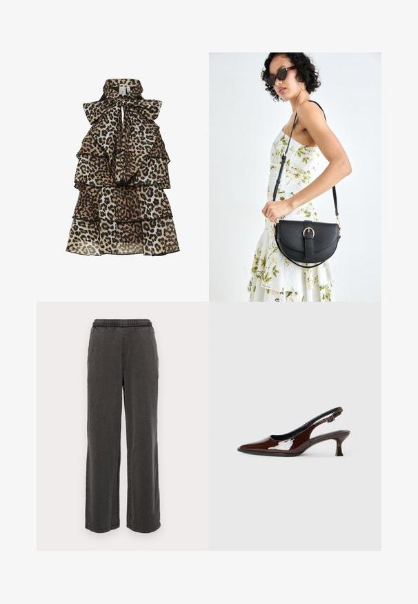 Bezdžiūvė leopardų rašto suknelė su sluoksniuotais pūstais ir dideliu raiščiu, surišta aukštame apykaklėje.; Tamsiai pilki platūs kelnės, pagamintos iš minkštos medžiagos, turinčios elastinę juosmenį, su dviem šoniniais kišenėmis ir tiesiais šonais. Nėra matomų raštų.; Rudos lakuoti odiniai slingback batai su smailiu pirštu ir vidutinio aukščio kulnu. Yra sagties dirželis, užtikrinantis tvirtą prigludimą. Lygus paviršius.; Juodas odinis krepšys su išlenkta forma, nuimamu dirželiu ir auksiniais detalėmis. Krepšys turi kilpą su sagtimi.