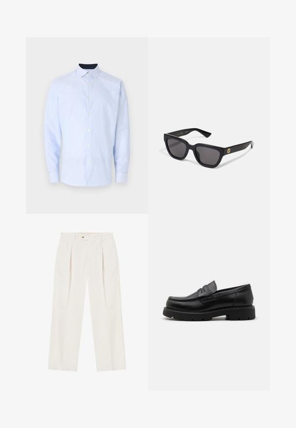 Camisa de mangas longas listrada em azul claro com colarinho abotoado, apresentando botões brancos, detalhe nas mangas e um colarinho escuro sólido.; Calças brancas de pernas largas com plissados na frente, fecho de botão único e bolsos laterais. Textura suave e design ajustado.; Mocassins de pele preta com bico redondo, detalhes texturizados na parte da frente e sola de borracha espessa com sulcos para melhor aderência.; Óculos de sol retangulares pretos com acabamento brilhante, lentes escuras e detalhes em dourado na haste com o logótipo.