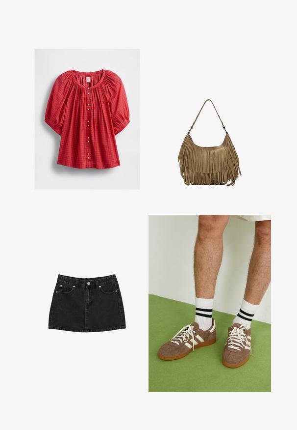 Czerwona bluzka z bufiastymi rękawami, z marszczonym dekoltem, zapinana na guziki, w kratę z niebieskimi i ciemnoniebieskimi akcentami.; Czarna denimowa mini spódnica z guzikami z przodu, szlufkami na pasek i dwoma przednimi kieszeniami z mosiężnymi nitami, leżąca płasko na białym tle.; Brązowe zamszowe sneakersy z białymi akcentami i sznurówkami. Gumowa, brązowa podeszwa. Noszone z białymi skarpetkami w czarne paski. Zielona teksturowana podłoga.; Brązowa torebka z zamszu z długimi frędzlami, o zakrzywionym kształcie i pojedynczym paskiem na ramię. Posiada gładką, teksturowaną powierzchnię.