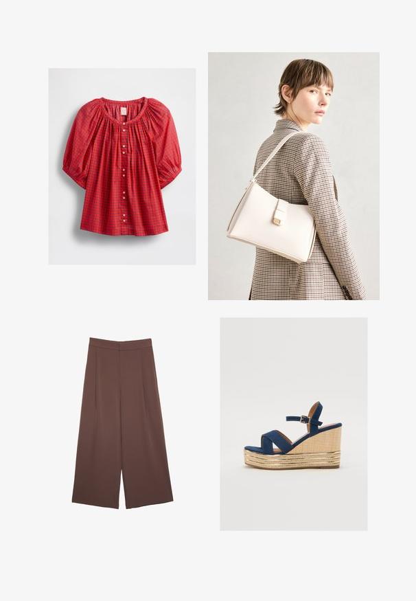 Blusa rossa con maniche a palloncino, con scollatura arricciata, chiusura a bottoni e un motivo a griglia con accenti blu e blu scuro.; Pantaloni ampi marroni con una texture liscia, caratterizzati da una vita alta e pieghe frontali. Il tessuto è leggero e scorre liberamente.; Sandalo con zeppa blu navy, con cinturini incrociati, una piattaforma in fibra naturale testurizzata e un accento metallico dorato alla base.; Borsa a mano in pelle bianca con un design strutturato, presente di un clasp magnetico e una tracolla, esposta su uno sfondo neutro.