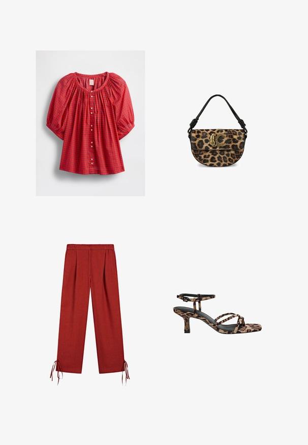 Rød bluse med pufærmer, der har en samlet halsudskæring, knaplukning foran og et rutenetmønster med blå og mørkeblå accenter.; Røde vide bukser med elastisk talje og snore i foret, lavet af letvægtsstof.; Sandaler med hæl i leopardmønster og firkantet tå, med flere stropper og en mellemhøj hæl. Fremstillet af blødt tekstilmateriale.; Veske med leopardmønster og håndtag i sort læder, med et logo i guldfarve. Tekstureret stof og rund form.