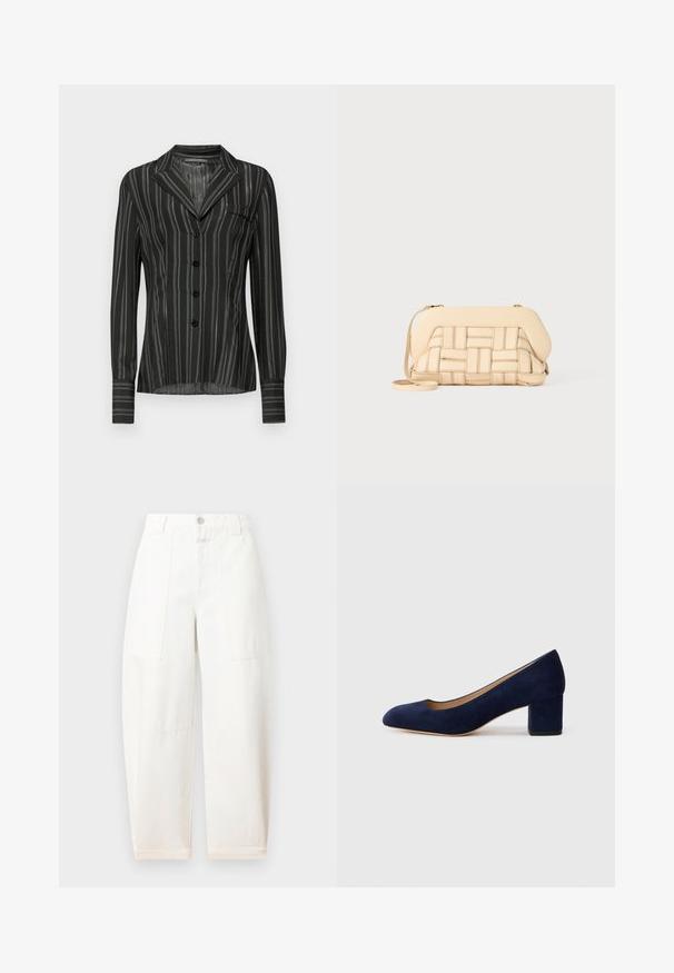 Blouse noire à rayures avec un col, des manches longues, cinq boutons et une poche poitrine ; fabriquée en tissu léger et texturé.; CLOSED RHANNON - Wide Leg - ivory; Escarpin en daim bleu marine avec un bout pointu et un talon bloc de hauteur intermédiaire. Texture lisse avec un subtil éclat et une petite découpe à l'avant.; Sac à main tissé beige avec un design structuré, présentant un dessus lisse et une longue bandoulière. Des détails texturés rehaussent l'apparence générale.