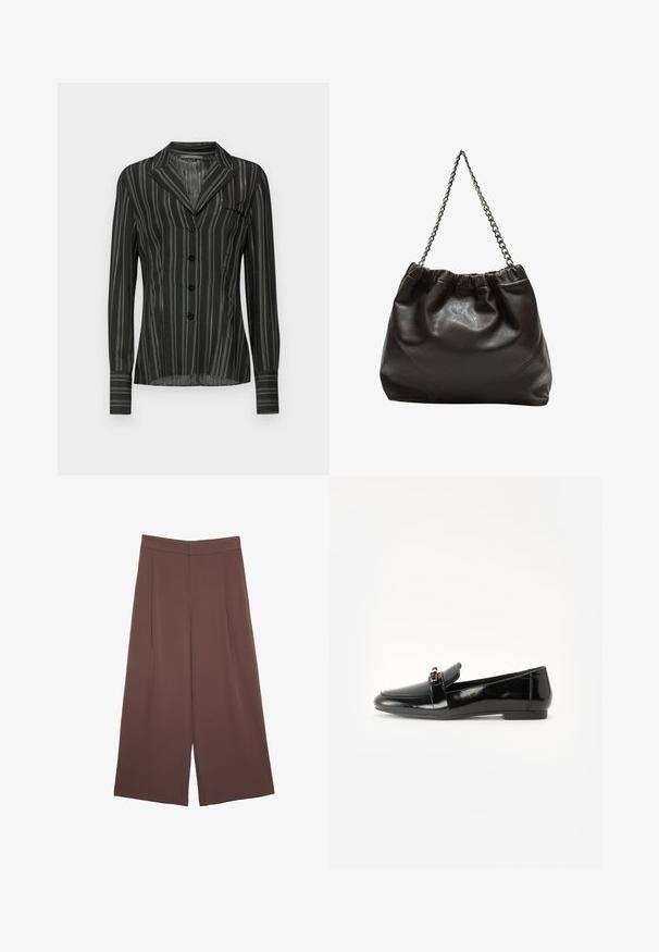 Schwarz gestreifte Bluse mit Kragen, langen Ärmeln, fünf Knöpfen und einer Brusttasche; aus einem leichten, strukturierten Stoff gefertigt.; Braune Weite-Leg-Hosen mit einer glatten Textur, hoher Taille und Vorderfalten. Der Stoff ist leicht und fällt locker.; Schwarze Lackleder-Lederschuhe mit flacher Sohle, runder Spitze und einem dekorativen Riemen mit einem goldfarbenen Akzent. Glattes, glänzendes Finish.; Braune Lederhandtasche mit gerafftem Oberteil und Kettenriemen. Glatte Textur mit glänzendem Finish und subtilen Nahtdetails an den Seiten.