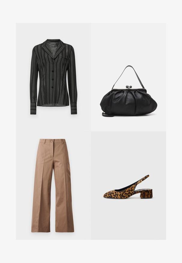 Juoda dryžuota palaidinė su apykakle, ilgomis rankovėmis, penkiais mygtukais ir krūtinės kišene; pagaminta iš lengvos, tekstūruotos medžiagos.; Rudos plačios kojų kelnės, pagamintos iš lygios medžiagos, su priekiniais mygtukais, dviem priekinėmis kišenėmis ir švariomis, pritaikytomis linijomis.; Moters leopardų rašto bateliai su žemu bloku įkulniu ir auksine sagtimi šone, parodyti šoniniame profilyje ant vientisos fono.; Juodas odinis rankinė su apvalia, raukšlėtą dizainą. Priedai metalinė užsegimas su dviem dekoratyvinėmis kamuoliukais ir plona, nuimama pakaba.