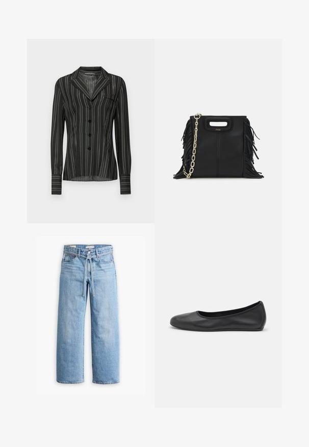 Schwarz gestreifte Bluse mit Kragen, langen Ärmeln, fünf Knöpfen und einer Brusttasche; aus einem leichten, strukturierten Stoff gefertigt.; Hellblaue Jeans im weiten Schnitt mit hoher Taille, Knopf- und Reißverschluss sowie einer Kordelzugdetails an der Taille. Roh geschnittener Saum.; Schwarze Leder-Ballettschuhe mit abgerundeter Spitze, glatter Textur, minimalen Nähdetails und einem flexiblen Sohlen-Design.; Schwarze Lederhandtasche mit Fransen-Details, goldener Ketten-Schulterriemen und einem ausgeschnittenen Griff. Mit Logoplatzierung auf der Vorderseite.