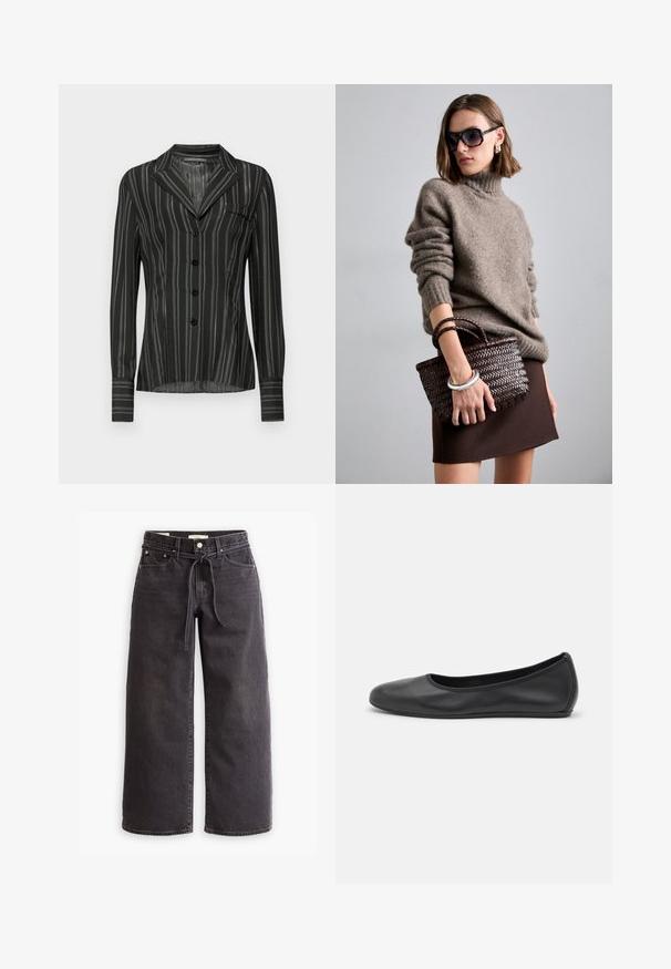 Melnas svītraina blūze ar apkakli, garām piedurknēm, piecām pogām un krūšu kabatu; izgatavota no viegla, strukturēta auduma.; Melni platajā grieztie džinsi, izgatavoti no denima, ar jostu ar auklu, piecām kabatām un kontrastējošām šuvēm. Dzegužu priekšpuse.; Melna ādas baleta kurpe ar noapaļotu purngalu, gludu tekstūru, minimālu šuvju detalizāciju un elastīgu zoles dizainu.; DRAGON DIFFUSION MINI FLAT GORA - Rokassoma - dark brown