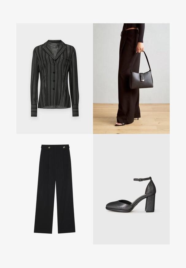 Blusa de rayas negras con cuello, mangas largas, cinco botones y un bolsillo en el pecho; hecha de una tela ligera y texturizada.; Pantalones de pierna ancha negros con cintura alta, detalles de botones en la cinturilla y pliegues en la parte delantera.; Zapato de tacón negro texturizado con punta redonda, tira de tobillo y tacón cuadrado. El material tiene un ligero brillo y un acabado suave.; Bolso negro con forma estructurada, textura suave y un cierre metálico. Combinado con pantalones anchos negros y sandalias de dedo en un suelo de madera.